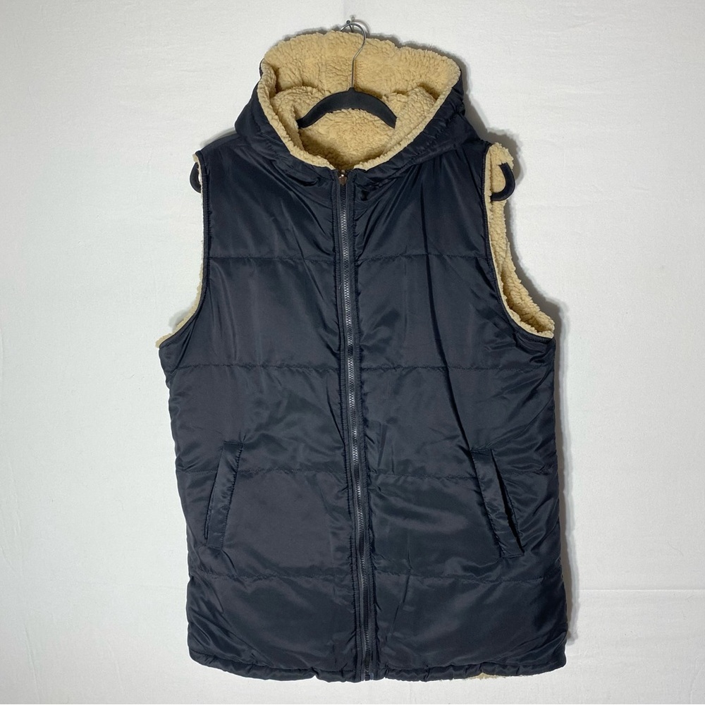 Black Puffer Vest with Tan Sherpa Lining 1XL